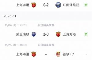 一整年没赢！海港亚冠跨赛季已连续10场未尝胜绩，期间2平8负