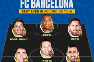 AI评巴萨队史最佳阵：梅西、小罗、埃托奥三叉戟，哈维、小白在列